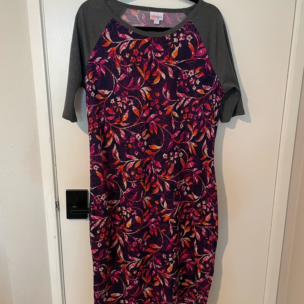LuLaRoe Multicolor Floral Midi Dress with Gray Sleeves
